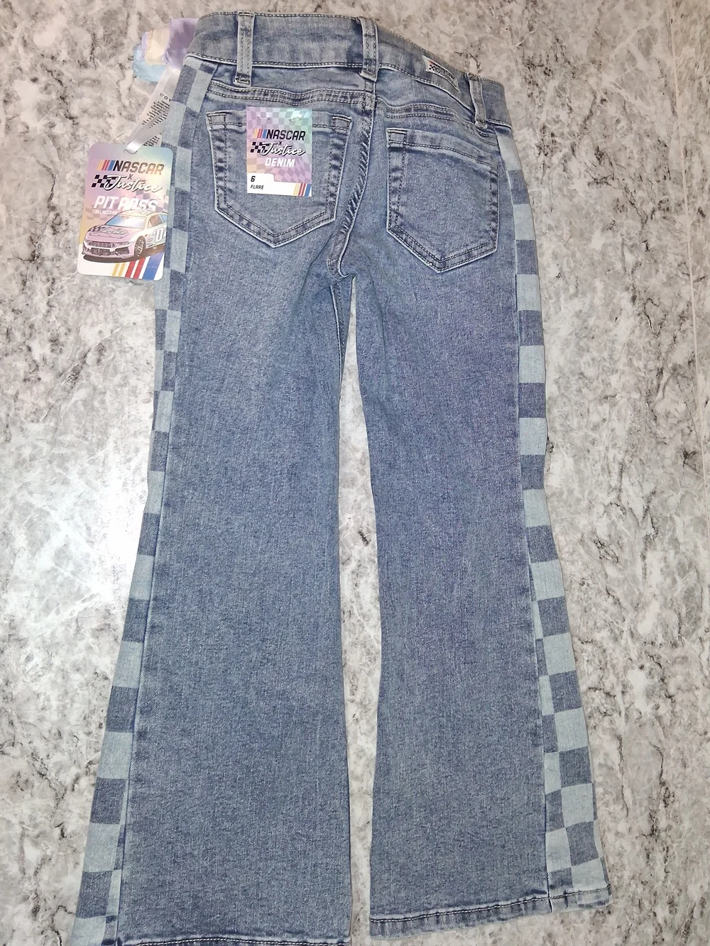Justice Light Blue Denim Flare Jeans with Checkerboard Panels and Pastel Scarf